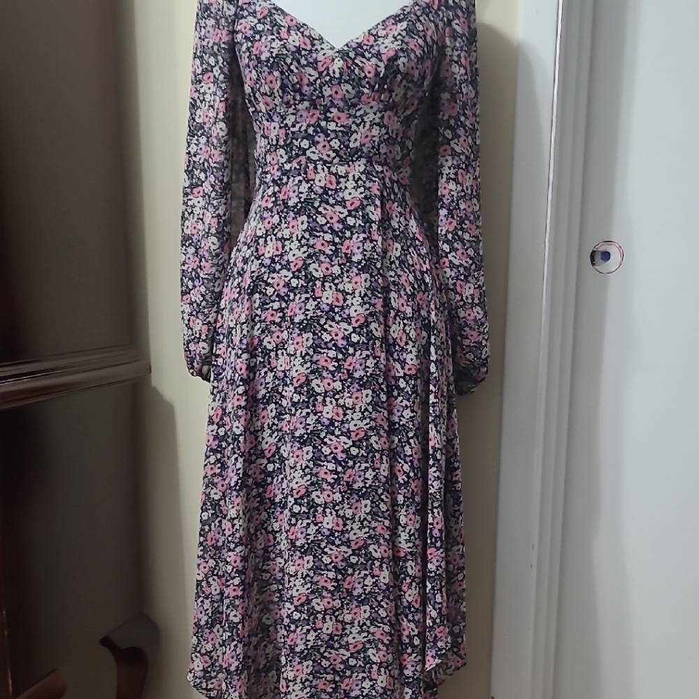 Astr Pink and Black Floral Long Sleeve Dres. Sheersleeves Easter